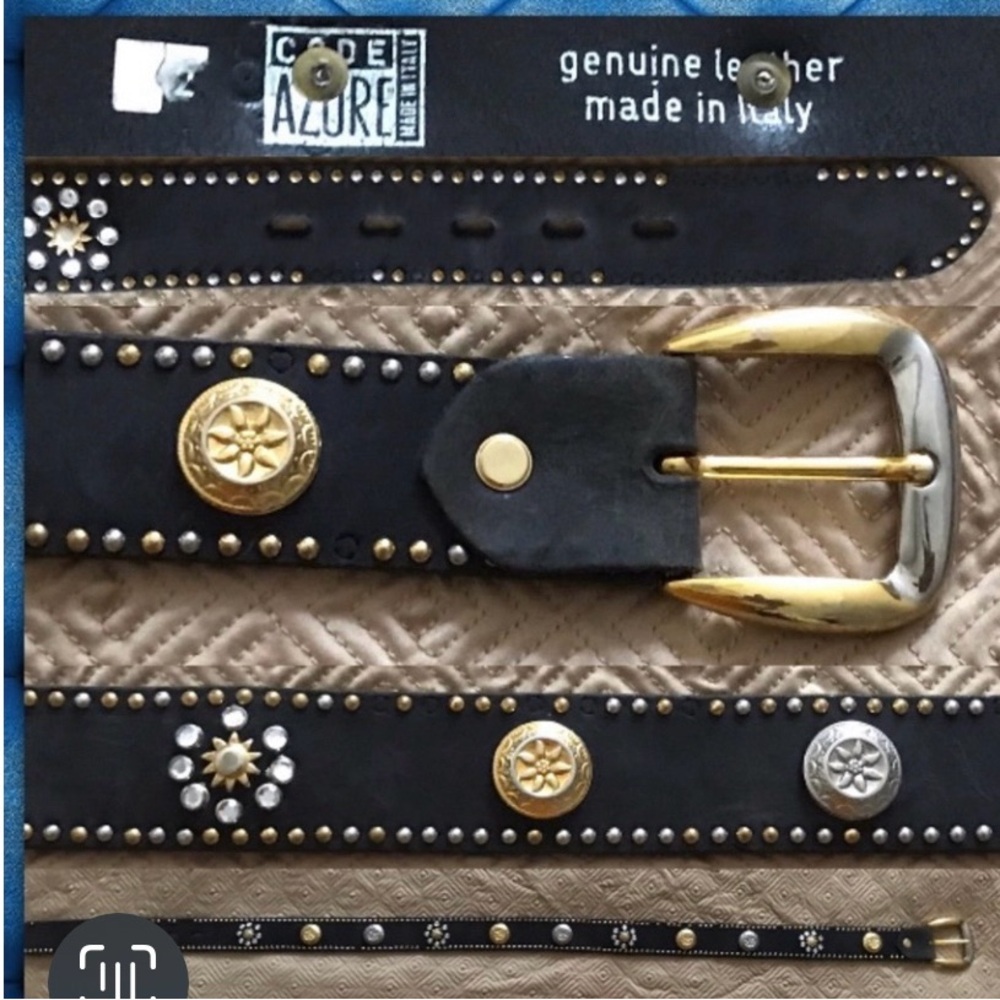 Vintage Azure, Elegant Black Leather Belt with Gold Details from Italy